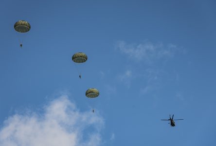 Parachutistes militaires à l’entraînement au-dessus du lac Saint-Joseph